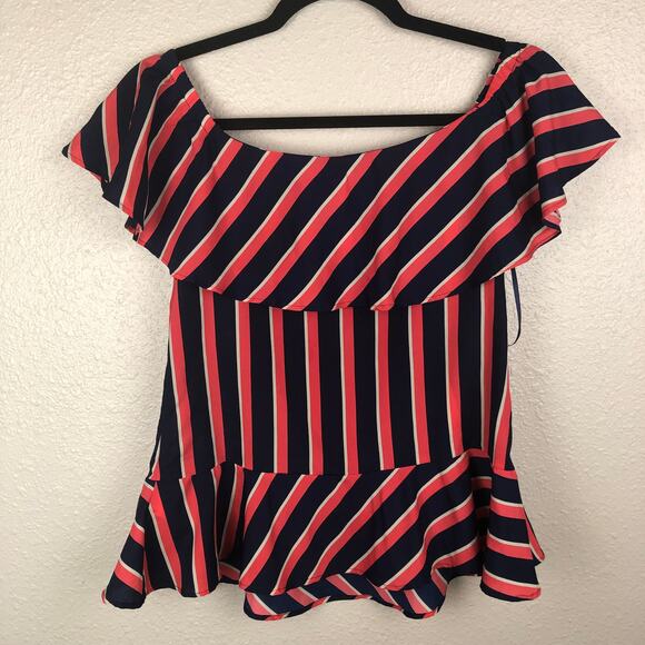 Banana Republic Petite Dark Blue Orange Striped Ruffle Off The Shoulder Blouse - Picture 7 of 8